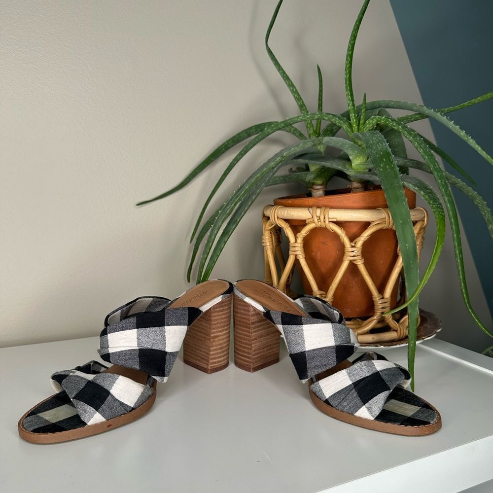 Madewell Alexandria Gingham Block Heel Sandals Twist Strap Black White Mule 7.5 - Picture 3 of 14